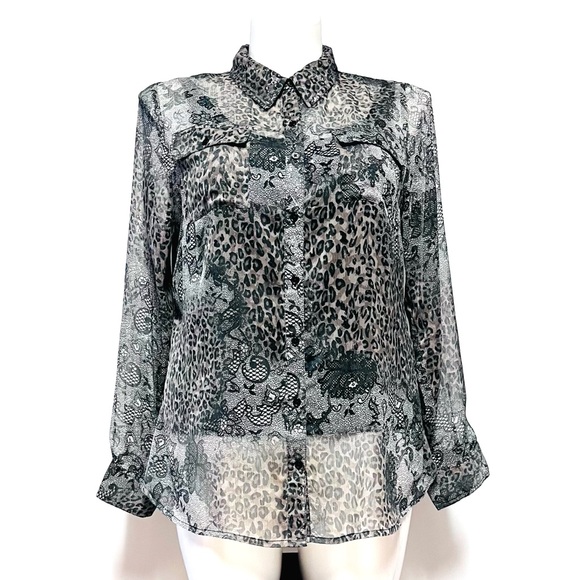 Lane Bryant Lace Animal Print Blouse Sheer Plus Size 1X 14 16 Long Sleeve Button - Picture 1 of 15
